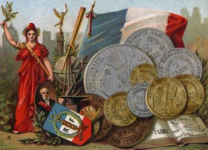 Marianne beside the French Tricolore flag, a globe and telescope and a display of francs, c.1890