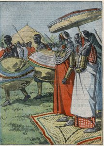 Masai custom: after a lion hunt, the guard of honour passes before the queen who wears wire necklaces - "Le Pelerin" October 14