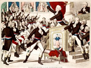 Maximilian Robespierre at the Convention, Jean Lambert Tallian Threatens Robespierre with a Knife (engraving) by French School
