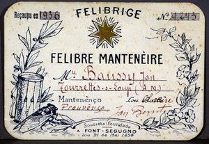 Membership card of Jan Baussy at the Felibrige, Felibre Association by French School