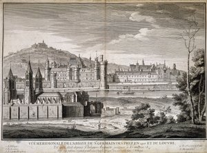 Meridional view of the abbey of Saint Germain des Pres and the Louvre in 1410 - engraving by French School