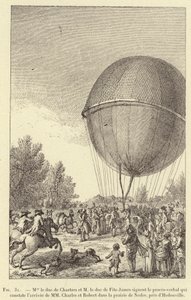 The Duke of Chartres and the Duke of Fitz-James Sign the Report Confirming the Arrival of Charles and Robert in the Meadow of Nesles, near Hedouville (engraving) by French School