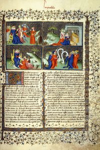 Miniature illustrating the Judgement of the Mothers, the Arrival of the Queen of Sheba, Solomon Teaching, and the Disputation of the Doctors, c.1410 by French School