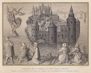 Miracle of the Virgin at Mont Saint Michel, from a 15th-century manuscript, painted in camaieu on the Miracles of Our Lady, National Library of Paris