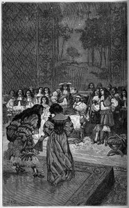 Moliere and his troupe playing before King Louis XIV and Cardinal Jules Mazarin (1602-1661). Engraving in 