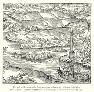 Monument erected by the Parisian boatmen, at the confluence of the Seine and the Marne; after an engraving from Thevet