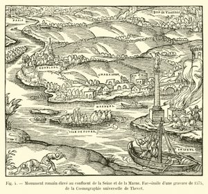 Roman monument erected at the confluence of the Seine and the Marne, facsimile of an engraving from 1575, from Thevet