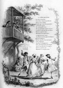 Mother Bontems (Bontemps). Dance of young couples in a village with musicians on the balcony. Engraving in Chants et chansons populaire de la France, Tome 2 by French School