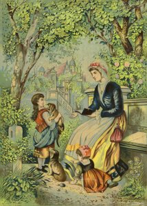 Mother playing with children and dogs by French School