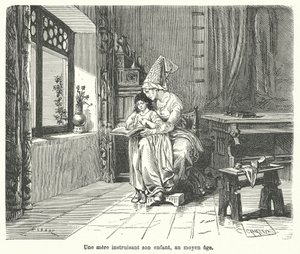 Mother teaching her child in medieval times