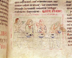 Meal with Judith and Holofernes, from the Bible of Etienne Harding