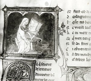 Marie de France (fl.12th Century) Writing, from an Anthology of French Poems, c.1280-90 (detail) by French School