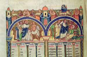 Canon of the Evangelists, detail depicting Christ healing the man with dropsy and casting out demons from a possessed man, from a Latin Bible