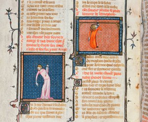 The Suicide of Dido by the sword and the suicide of Phyllis by hanging, from Le Roman de la Rose by Guillaume de Loris and Jean de Meung, c.1360-70
