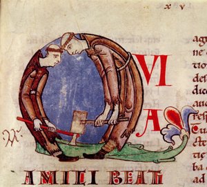 Historiated Initial Q Depicting Monks Chopping Wood, from Moralia in Job by Pope Gregory the Great