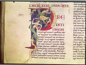 Historiated Initial P Depicting Centaurs, Dragons and Monsters