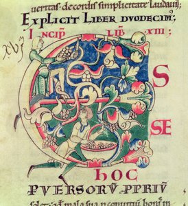 Historiated initial E depicting the grape harvest, from Moralia in Job by Pope Gregory the Great