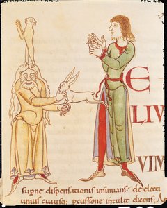 Initial H in the Form of Two Conjurors, from Moralia in Job by Pope Gregory the Great, Burgundian School