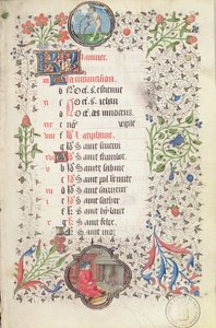 January: Aquarius and a Man Warming Himself at a Hearth, from a Book of Hours