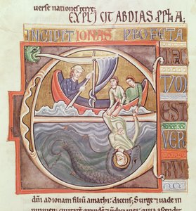 Historiated initial E depicting Jonah Thrown into the Sea, from the Souvigny Bible, late 12th century