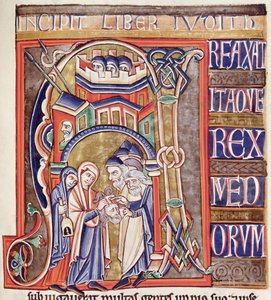 Historiated initial depicting Judith with the head of Holofernes, from the Souvigny Bible