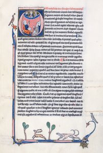 Historiated initial O depicting the ancient Greek philosopher Aristotle, teaching a group of clerics from Western Europe and pointing upwards towards God in the heavens by French School