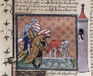 Lancelot Crossing the Sword Bridge, from the Livre de Messire Lancelot du Lac