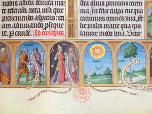 Book of Hours with illustrations of pilgrims, Jews, sun, moon and myrtle by French School