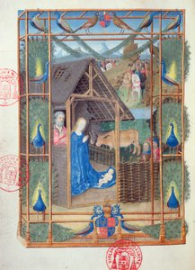 Ms 473 The Nativity with peacocks, miniature from the Heures de Charles de France, c.1466-69