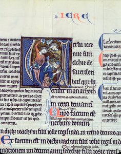 Historiated initial V depicting the stoning of the prophet Jeremiah by French School
