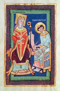 St. Amand returning a scroll to St. Baudemond, from the Life and Miracles of St. Amand by St. Baudemond