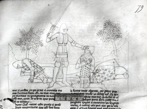 Arming a knight on a battlefield, from Lancelot du Lac by French School