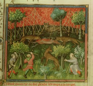 Wolf hunt with the aid of nets, from the Livre de la Chasse by Gaston Phebus de Foix (1331-91) by French School