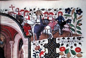 Detail of the Pope on his mule with his entourage, from an illustration of Saint Peter, from the Hours of Marguerite d