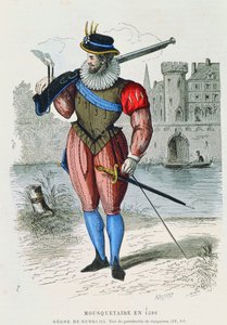 Musketeer in 1586, illustration from Costumes de Paris a travers les siecles by H. Gourdon de Genouillac, engraved by A. Renard