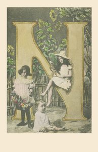 A girl holding a violin, another carrying flowers, a baby sitting by French School