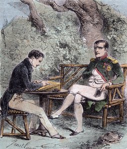 Napoleon at Saint Helena - Napoleon dictates his memoirs to Emmanuel Pons de Las Cases (1800-1854) son of Emmanuel de las Cases - From Emmanuel de las Cases, Napoleon, Memorial de Sainte-Helene by French School