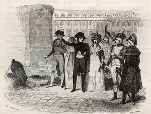 Napoleon walking with Madame Tallien, nee Theresa Cabarrus, Princess of Caraman, Princess of Caraman Chimay, place Vendome in Paris - engraving in Les rues de Paris by French School
