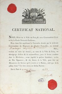 National Certificate of Good Behaviour during the French Revolution, 8th August 1789 in Paris by French School