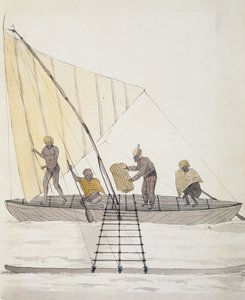 Natives from Iles Basses and balanced sail canoe, watercolor by Jules-Louis Lejeune, from Duperrey