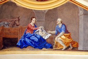 Nativity Scene. The Holy Family. St. Nicolas de Veroce Church. Painting France. by French School