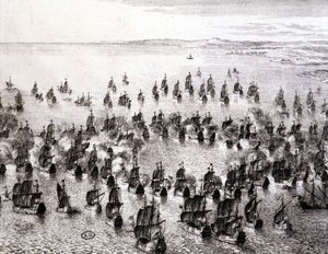 Naval battle - engraving by French School