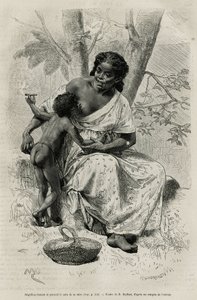 Negillon Smoking and Taking the Bosom of Her Mother in Darien (Eastern Panama) (engraving after a drawing by D. Maillart, to illustrate the story Exploration at the Isthmus of Panama and Darien by A. Reclus, 1876-1878)