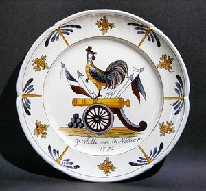 Nevers Plate Depicting a Cockerel on a Cannon by French School