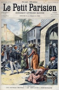 New volcanic eruption from the Montagne Pelee volcano in Martinique: ambulances in Fort de France. Engraving in 