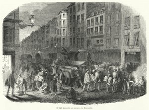 Newspaper Market, Rue Montmartre, Paris (engraving) by French School