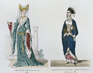 Noblewoman under the reign of Charles VI, Marguerite de Provence, wife of Louis IX, from Costumes civils et militaires des francais a travers les siecles