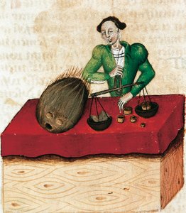 Nutmeg merchant, miniature from Tractatus de herbis, France 15th Century