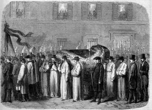 Funeral of Giovanni Battista Niccolini (1782-1861), 21 September 1861: funeral convoy carrying the remains of the Italian poet in the streets of Florence, Italy. Engraving in 