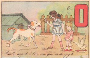 Odette brings Tom a large leg bone, around 1920 by French School